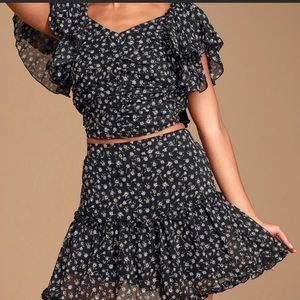 Lulu's Black Floral Cropped Top & Mini Skirt Set